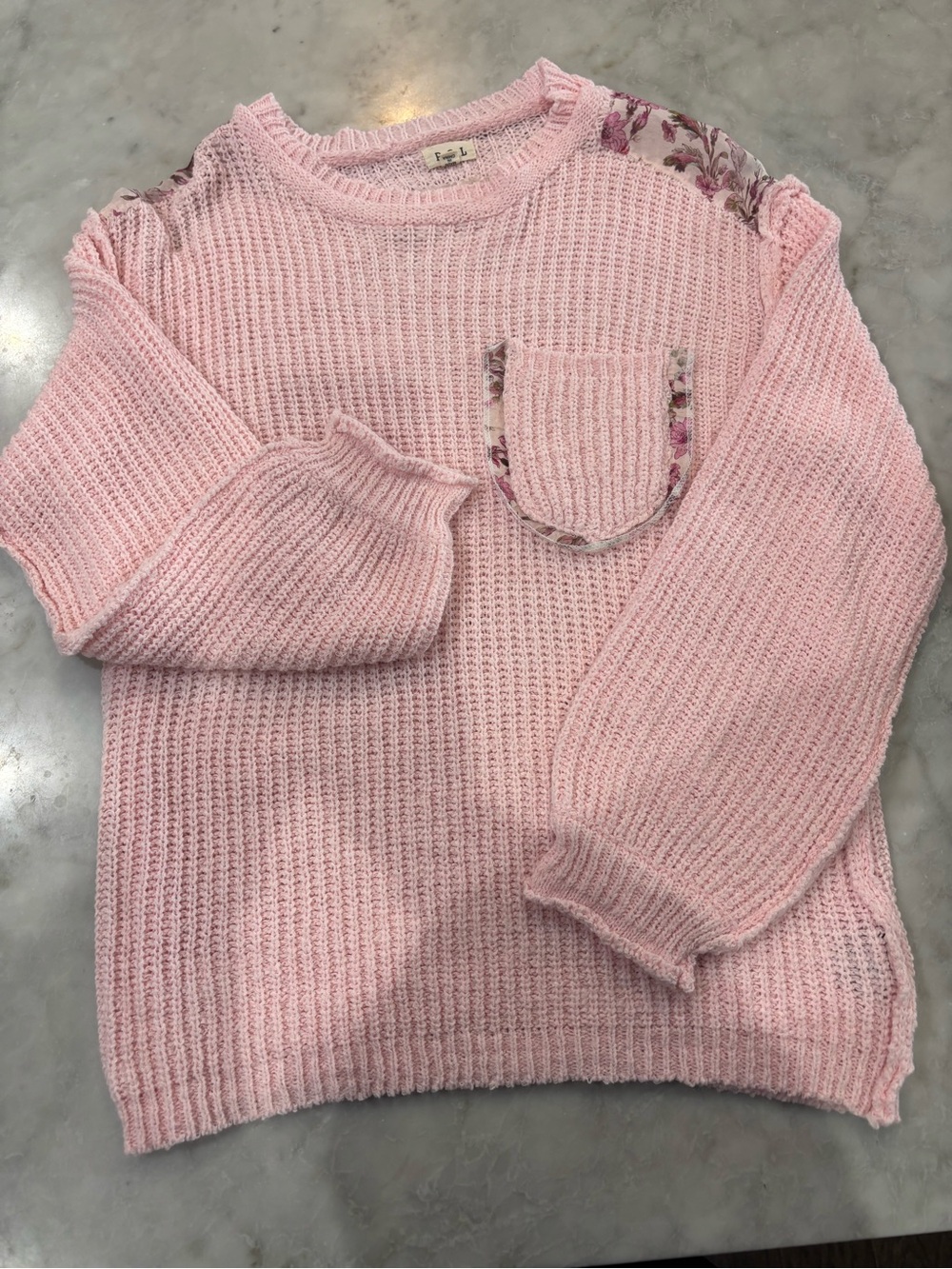POL Light Pink Waffle Knit Sweater with Floral Trim
